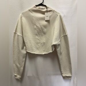 Joah Brown S/M Cropped Raw-Hem Crewneck Side Zip Sweatshirt - Cream